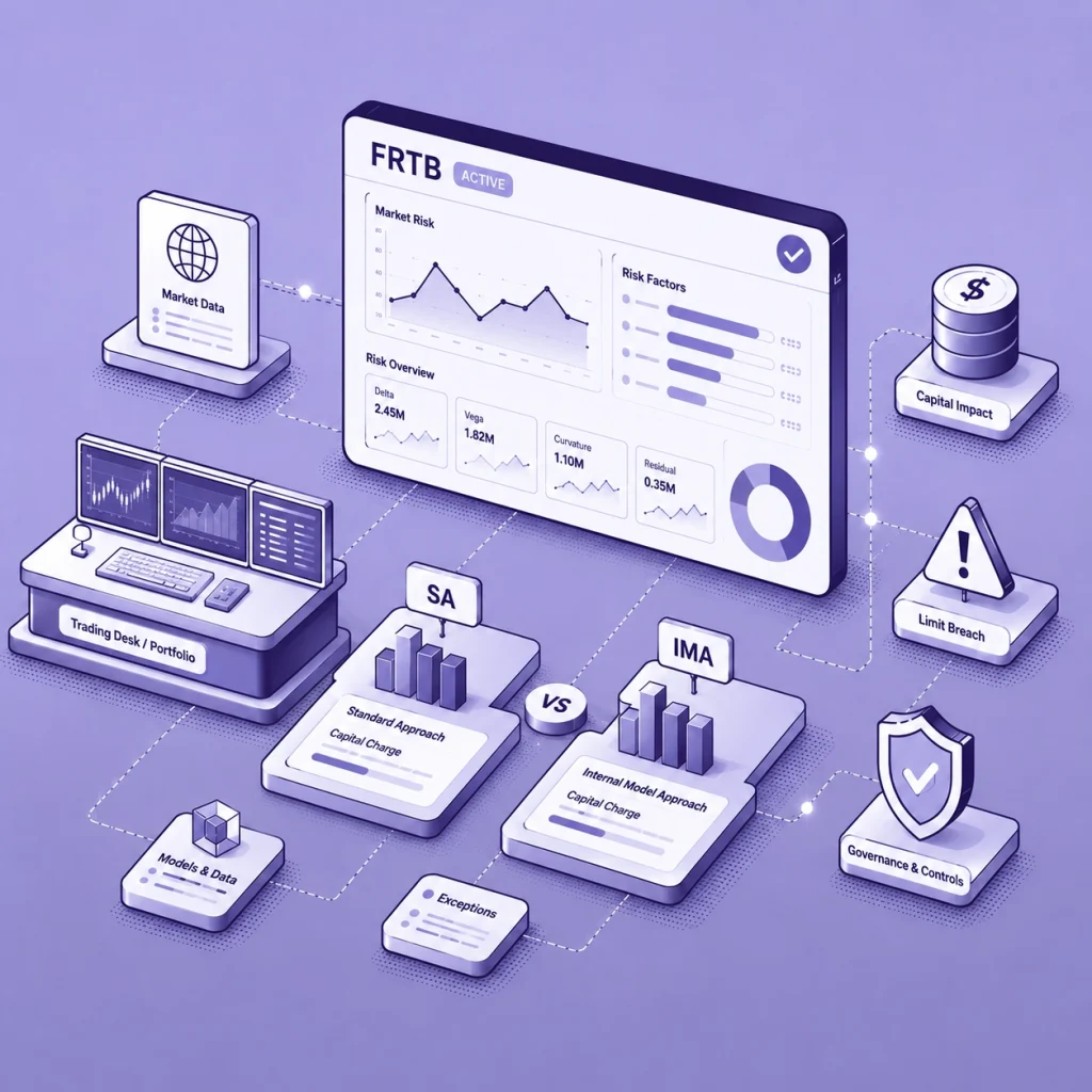 3D isometric diagram of an FRTB market risk dashboard showing data flowing from trading desks to Standard Approach (SA) and Internal Model Approach (IMA) capital calculations