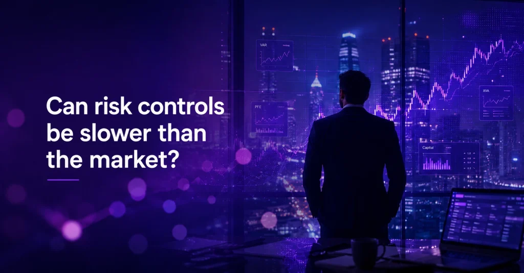 A man, facing a digital electronic noard on the wall with financial graphics, evaluating real time risk management