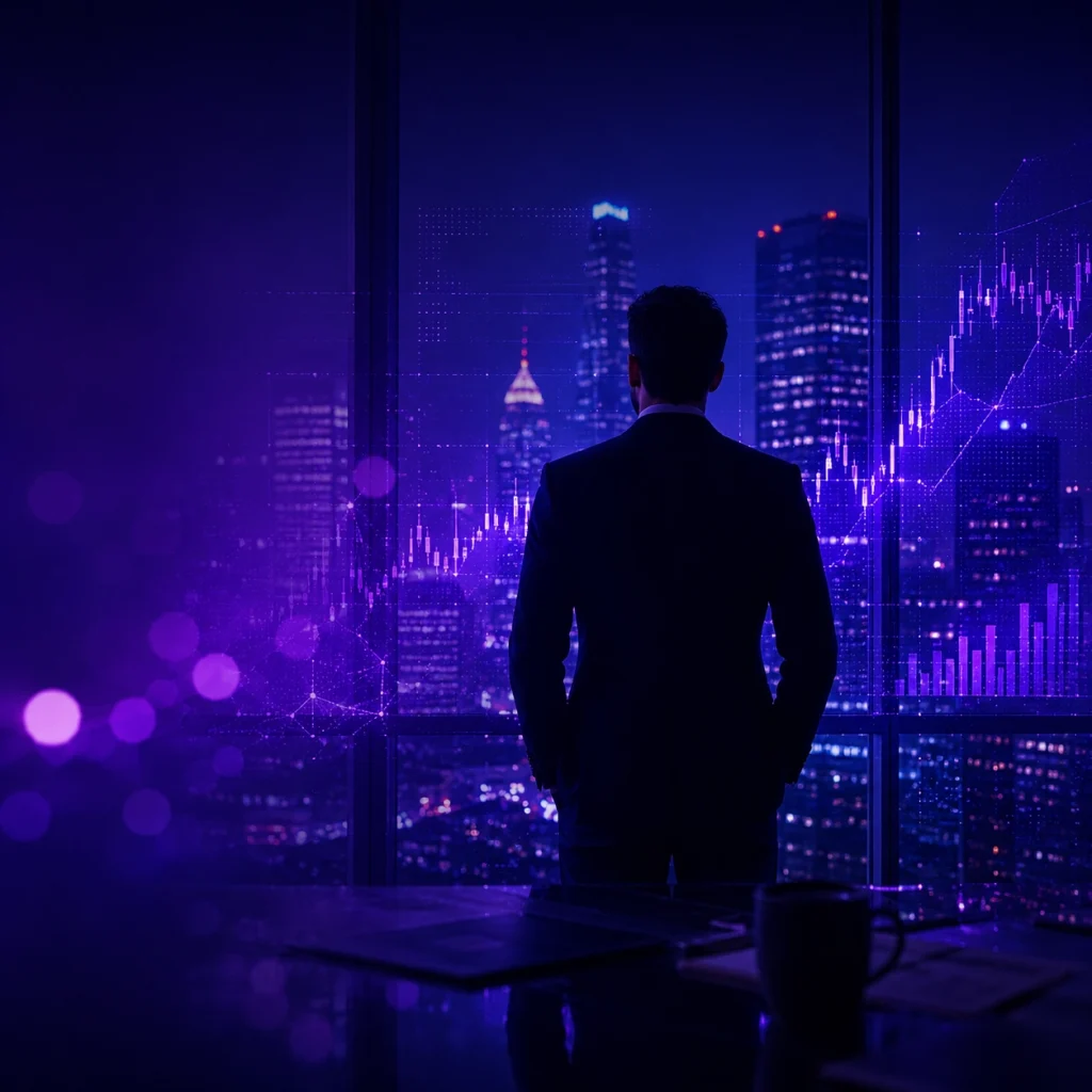 A man, facing a digital electronic noard on the wall with financial graphics, evaluating real time risk management