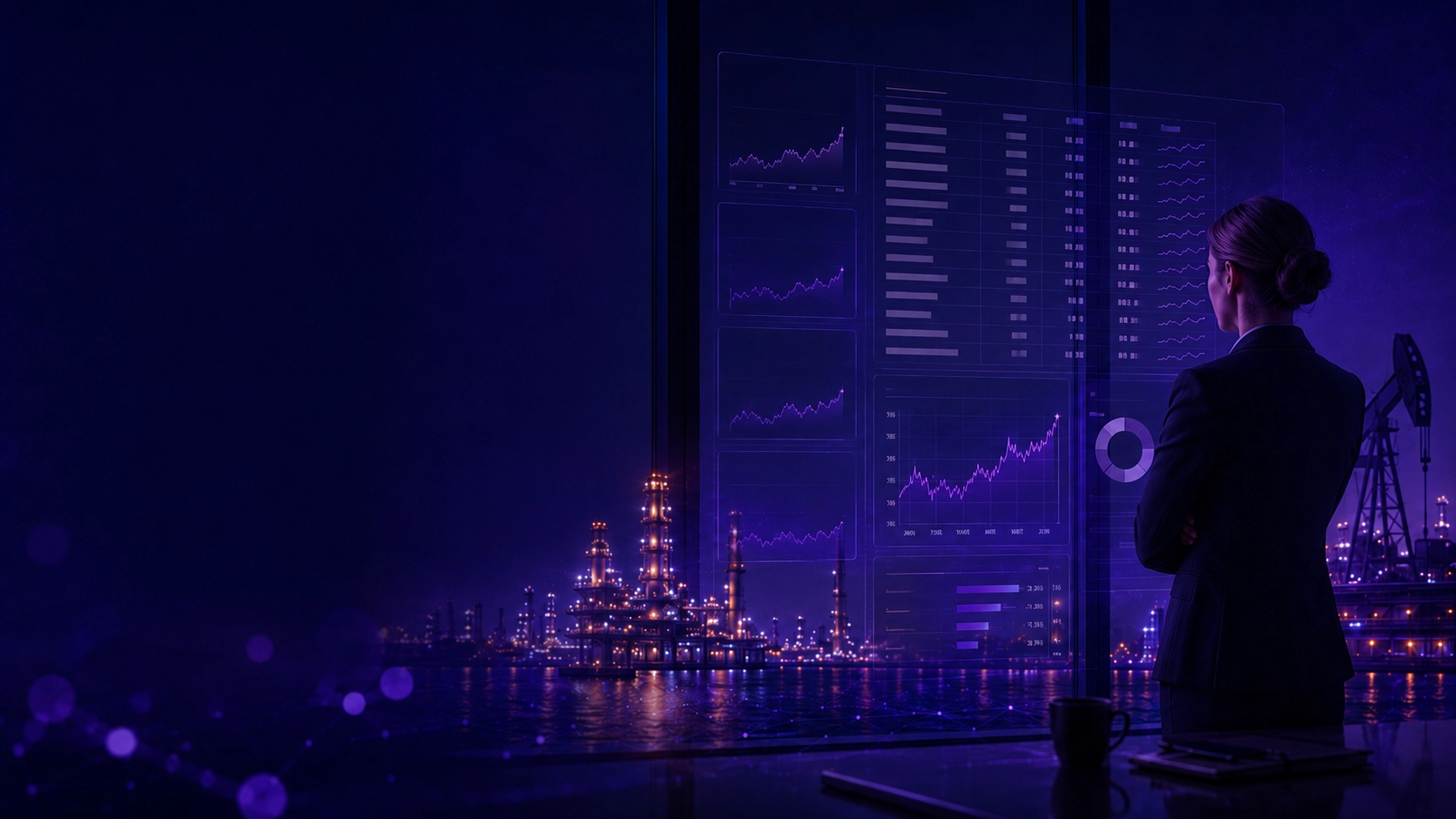 Financial risk dashboard overlooking an oil refinery, showing rising crude prices, yields, volatility, and other market stress indicators